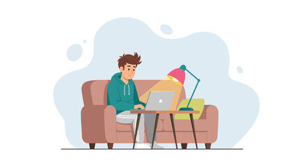 A young man works comfortably from home on his laptop, sitting on a cozy sofa with a desk lamp providing light. Ideal for remote work, education, or freelance lifestyle concepts.