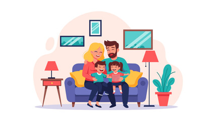 A happy family with two children enjoying quality time together on a comfortable sofa in their cozy living room, symbolizing warmth and connection.