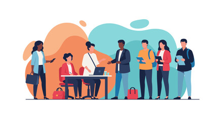 Diverse young people engage in collaborative learning and professional networking within a vibrant, modern environment, symbolizing teamwork and shared knowledge.