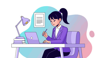 An attentive female professional engages with her laptop, symbolizing dedicated remote work, online education, and focused productivity.