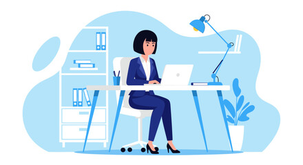 A focused businesswoman diligently works on her laptop at a modern desk in a well-organized office setting, showcasing productivity and remote work efficiency.