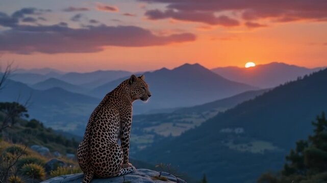 A cheetah stands on a termite mound, surveying the vast savanna panorama. 4k video