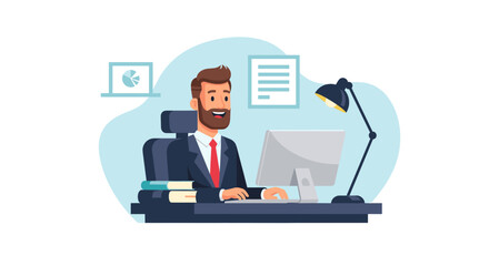 A smiling businessman in a suit works diligently at his computer desk in a modern office setting.