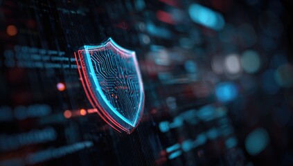 Digital shield graphic, glowing on a complex network of code