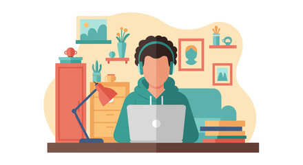 This vibrant flat illustration depicts a young individual diligently engaged in remote work or online learning from a comfortable home environment.