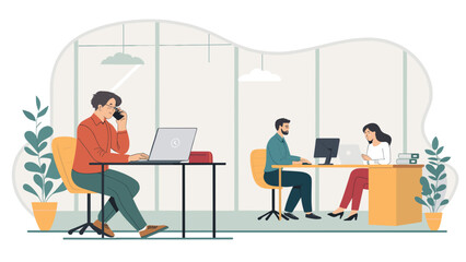 Professionals collaborate and work productively in a modern, bright office environment, utilizing technology for communication and tasks. Ideal for business, corporate, and teamwork concepts.