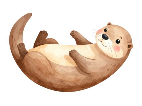Charming Watercolor Otter Illustration Playful Aquatic Mammal Lying on Back, Isolated Art - Transparent Background