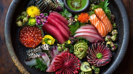 Fototapeta premium Ornate dish of sashimi, roe, and flower garnishes