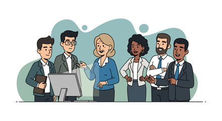 Diverse business team collaborating around a computer, discussing ideas and strategy in a professional office setting. Illustrates teamwork, communication, and problem-solving.