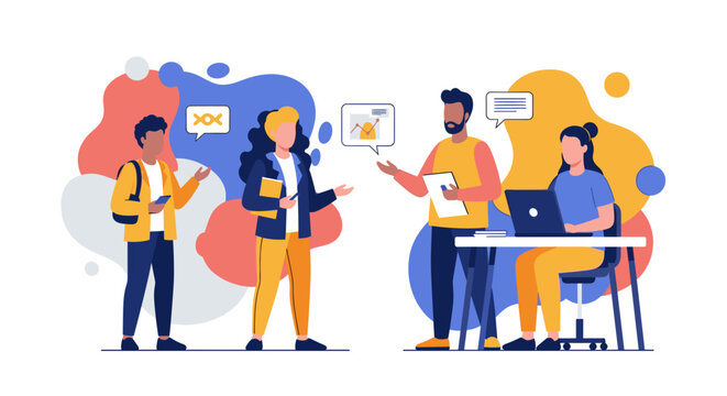 Diverse individuals collaborate and communicate effectively in a dynamic professional and educational setting, sharing ideas and fostering productive discussions.