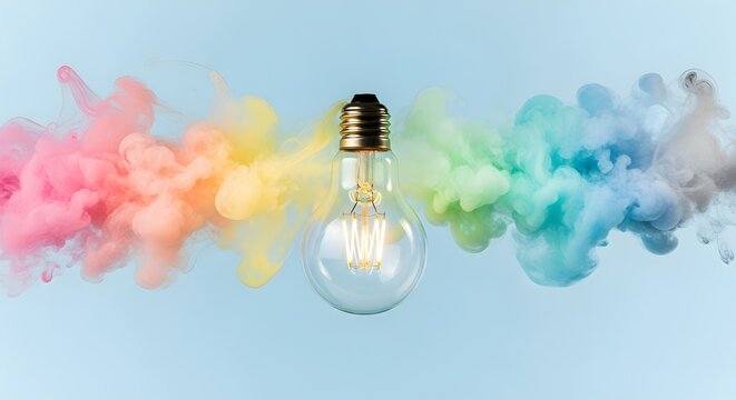Lightbulb Surrounded by Colorful Smoke: Innovation, Creativity, Idea Generation, Conceptual Art, Inspiration, Artistic Expression, Vivid Hues, Intellectual Symbolism