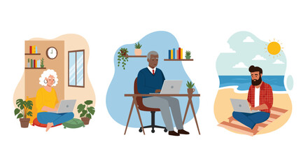 Diverse individuals embrace flexible remote work, comfortably connecting to their jobs from home, a modern office, or even a serene beach setting.