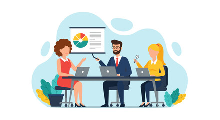 A diverse team of professionals collaborates during a productive business meeting, analyzing data presented on a screen to strategize future growth.