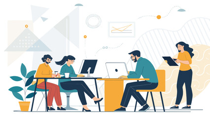 A diverse team of professionals collaborates in a modern, dynamic office setting, utilizing technology for efficient project management and creative problem-solving.