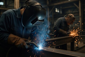 Industrial Craftsmen at Work: Two skilled welders are deeply engrossed in their craft, with bright arcs illuminating the industrial setting, showcasing precision and skill in their trade.