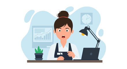 Surprised businesswoman reacts to unexpected news while working at her office desk with a laptop and charts.