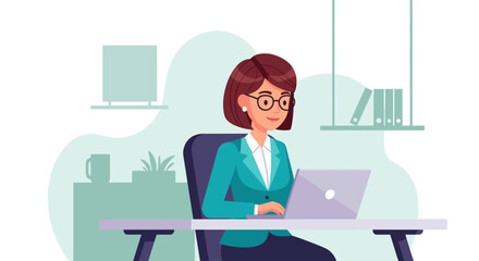 A focused professional woman with glasses is diligently working on her laptop at a modern office desk, embodying productivity and digital connectivity.