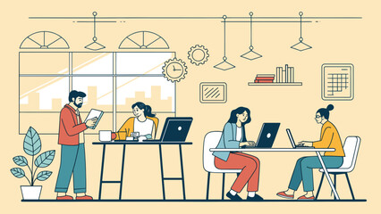 A vibrant, modern office environment where diverse professionals collaborate, innovate, and achieve their goals through focused teamwork.