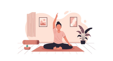 An illustration of a serene individual practicing mindful yoga and meditation on a mat in a peaceful home environment, promoting wellness and inner peace.