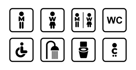 Bathroom signs. Washroom symbols. Restroom or toilet door sticker set containing men, women, disabled, baby changing. Transparent PNG and vector illustration.