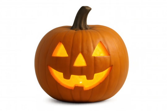 Glowing jack-o'-lantern with menacing carved face, illuminating dark background with halloween spirit - Powered by Adobe