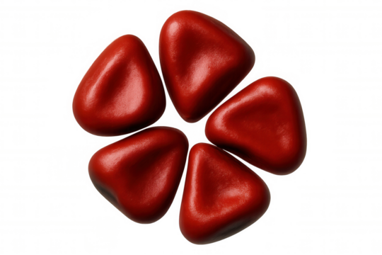 Glossy red triangular candies forming circular floral pattern against clean transparent surface