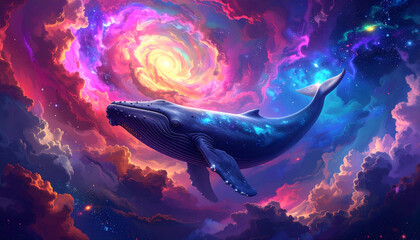 Majestic cosmic whale gracefully navigates a vibrant, swirling nebula of stars and stardust.