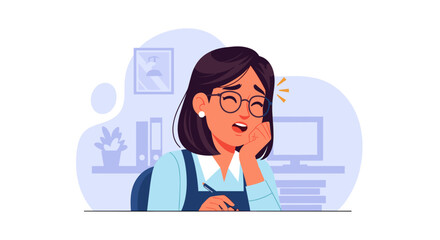 Woman experiencing toothache pain, holding her cheek with a pained expression while sitting at a desk.