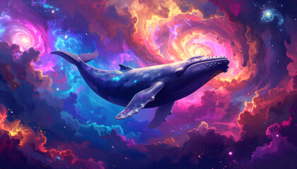 A Majestic Whale Serene in Cosmic Depths, Gracefully Navigating a Vibrant Nebula