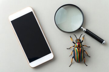 Overhead shot of a smartphone, a magnifying glass, and a colorful bug on a gray surface, creating a still life composition that blends technology and nature