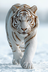 Majestic white tiger walking through snow with intense gaze and powerful stride
