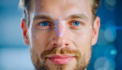 A man with blue eyes and a beard is depicted with digital patterns overlaying his face at a technology event focused on facial recognition