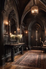 Obraz premium Dark, ornate hallway in a grand gothic mansion.