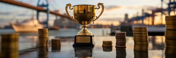 Golden Trophy and Money, financial achievement and global business, success and recognition.