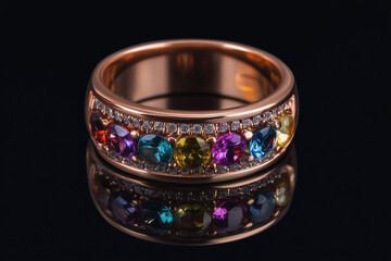Elegant gold ring with multicolored gemstones reflecting on black surface
