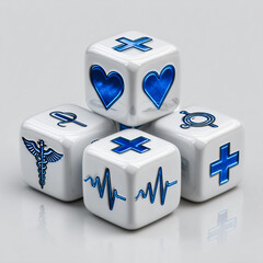White dice with blue medical icons representing health symbols and care
