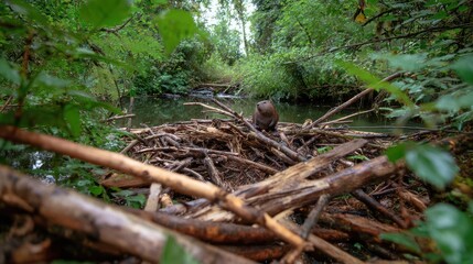 Obraz premium Forest stream with beaver dam