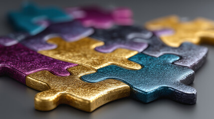 Metallic puzzle pieces in gold, purple, teal and silver on dark surface
