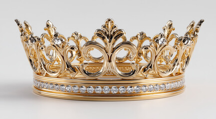 Golden royal crown with diamonds resting on clean white background
