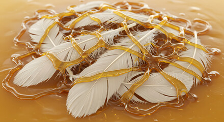 White Feathers Floating in Shiny Brown Liquid Still Life