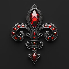 Luxurious ornamental fleur-de-lis with red gems on dark elegant background
