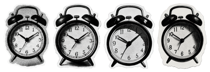 Vintage alarm clocks in sequence