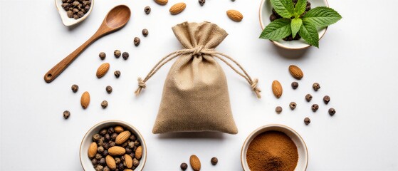 Obraz premium brown paper snack bag with herbs, beans, and cocoa | branding, photography, advertising, marketing, culinary theme