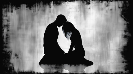 Romantic silhouette of a couple in intimate pose against textured grey wall
