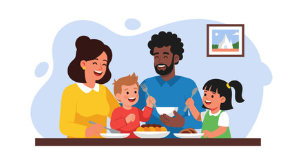 A joyful multi-ethnic family, including parents and two children, shares a delightful meal at home, fostering warmth and connection.