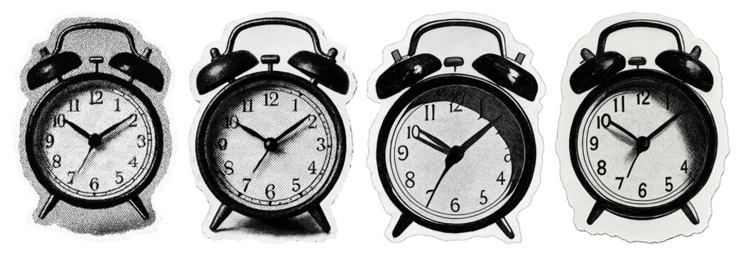 Vintage alarm clocks in sequence