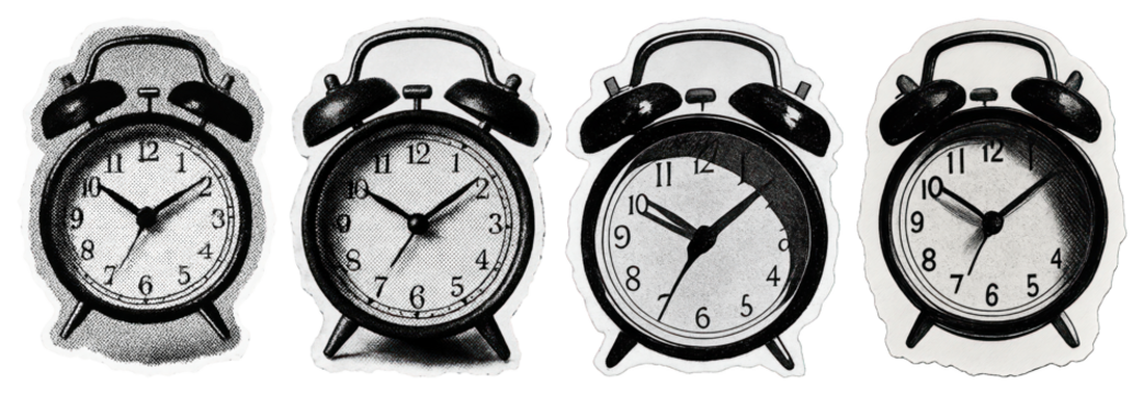 Vintage alarm clocks in sequence