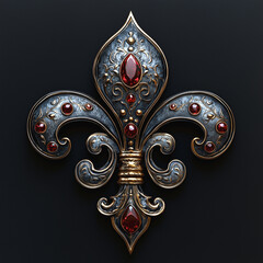 Ornate fleur-de-lis emblem with red gemstones and vintage metallic detailing
