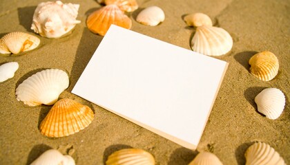 Seashells and Blank Card on Sandy Beach Summer Vacation Concept.
