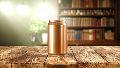 Fototapeta premium Copper Can on Rustic Wooden Table with Bookshelf Background and Soft Lighting.